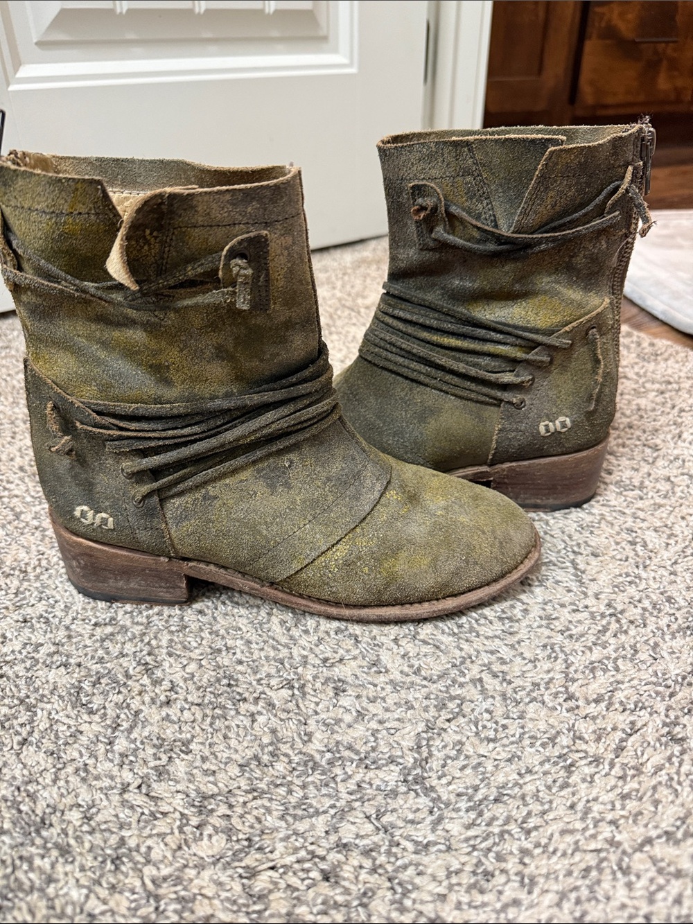 Bed Stu Olive Green Suede Wrap Ankle Boots